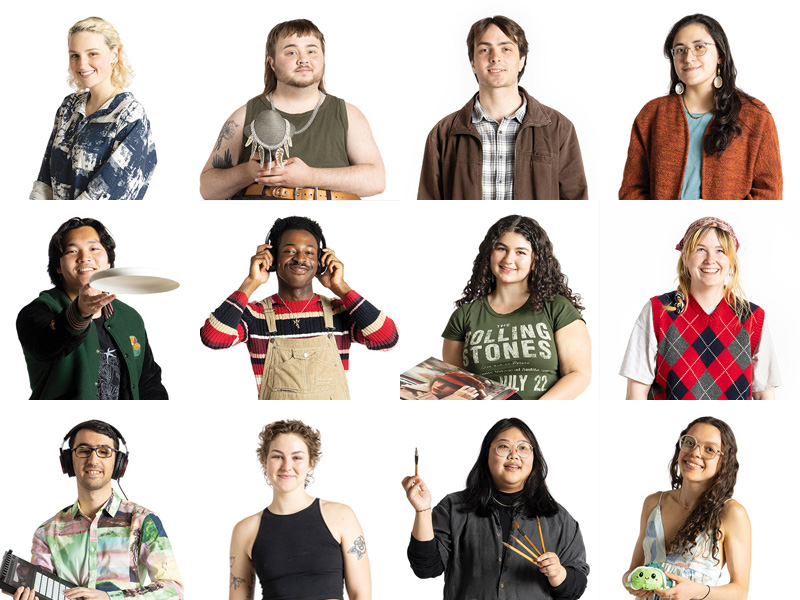 12 Reed student headshots with each student wearing or holding something unique that represents their individual personality